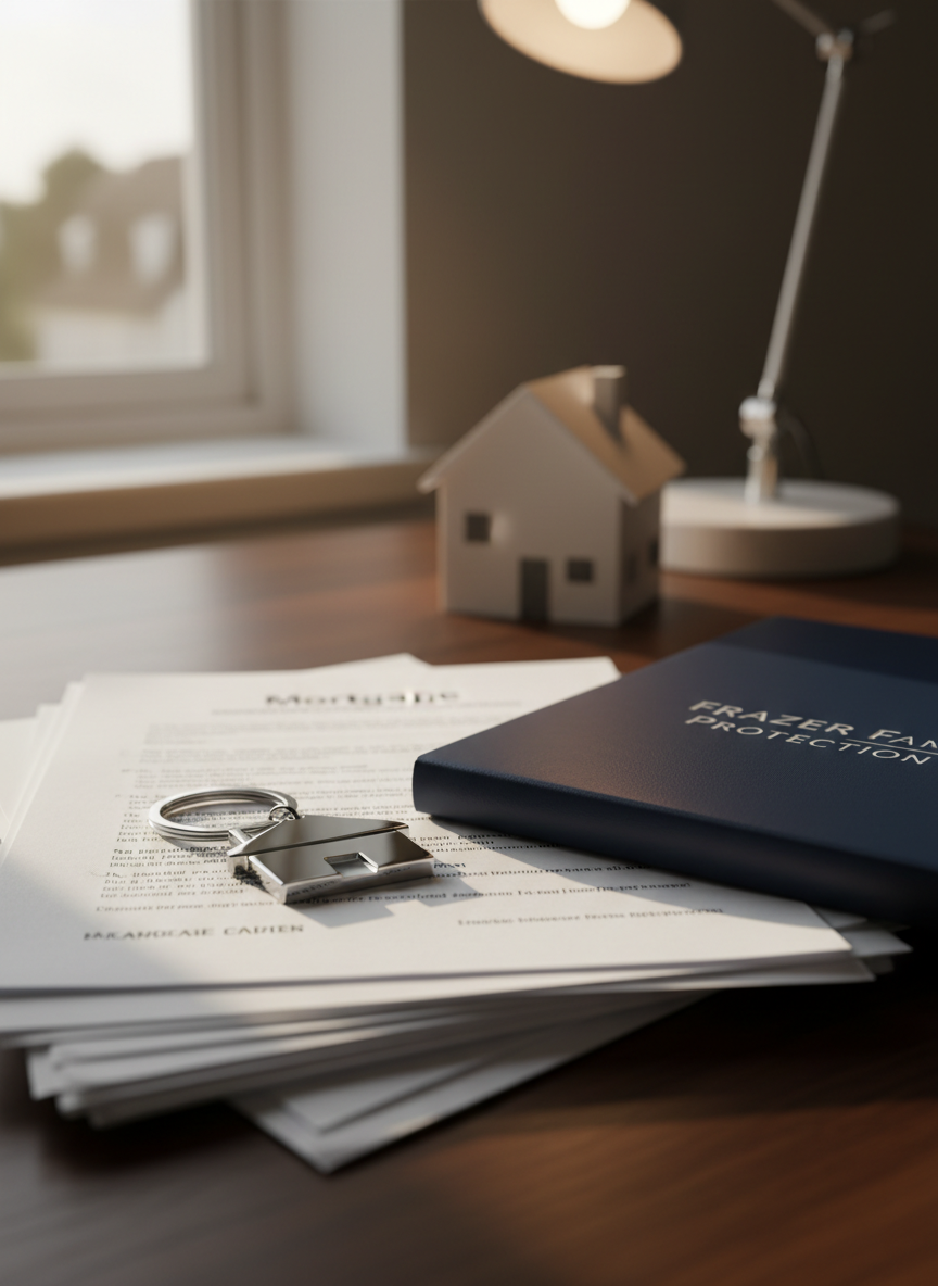A neatly arranged stack of official mortgage documents and a polished silver house-shaped keychain resting on a dark walnut desk, beside a closed navy-blue folder subtly embossed with the words “Frazer Family Protection” in silver. In the background, a small, modern model house made of white matte resin sits near a softly glowing desk lamp. Warm, diffused afternoon light from a nearby window mixes with the lamp’s glow, creating gentle reflections on the keychain and soft shadows across the paperwork. Photographed at eye level with a shallow depth of field, the focus rests on the house keychain and documents, conveying stability, clarity, and professional reassurance in a clean, photographic realism style.