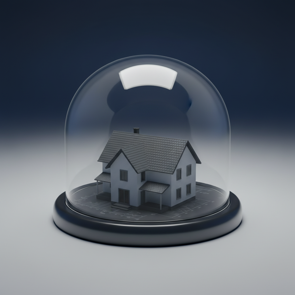 A detailed close-up of a white, two-story suburban house model with a dark gray roof, sitting securely under the curved arc of a transparent, glass-like protective dome. The house rests on a smooth charcoal surface with faint, engraved lines suggesting a financial plan. Soft, even studio lighting from above creates delicate highlights on the dome and subtle reflections on the roof, while the background fades into a smooth gradient of deep navy to soft gray. Shot from a slightly elevated angle with centered composition and crisp focus, the scene feels calm, modern, and reassuring, symbolizing mortgage protection and security through clean, photographic realism.