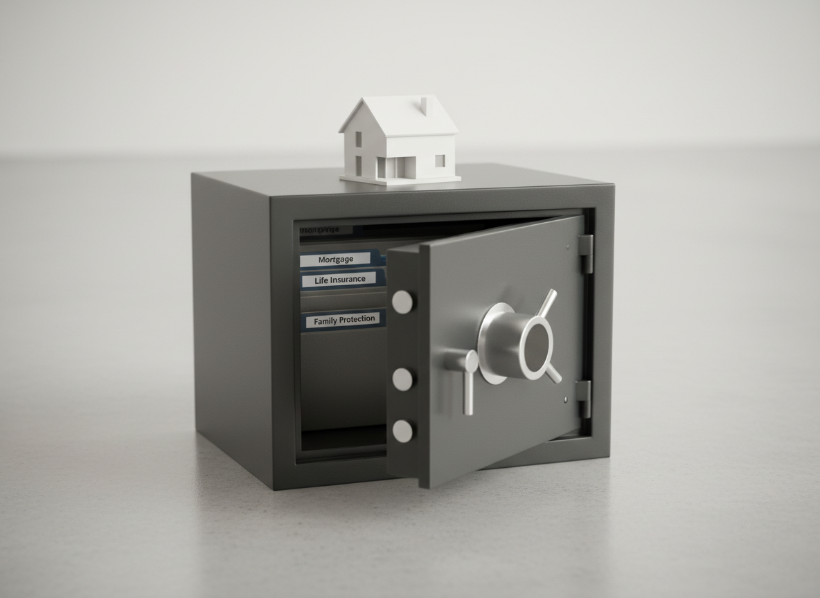 A sturdy fireproof safe with a matte charcoal finish stands slightly open on a clean, light-gray floor, revealing neatly labeled document folders: “Mortgage,” “Life Insurance,” and “Family Protection,” each with crisp white tabs. On top of the safe, a small white architectural house model sits firmly, its sharp lines contrasting against the dark metal. Overhead, soft, neutral studio lighting creates smooth gradients across the safe’s surface and subtle highlights along its edges, while the background remains a simple, blurred light tone. Captured from a low, three-quarter angle with centered composition and sharp focus, the scene projects long-term security, preparedness, and peace of mind in a straightforward, photographic realism style.