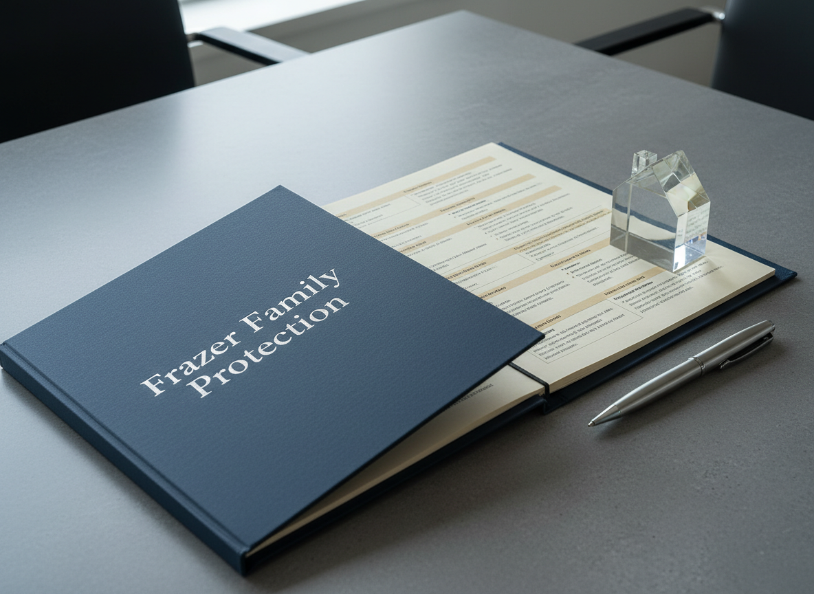 An elegant, dark-blue hardcover folder embossed with “Frazer Family Protection” in understated silver lettering sits open on a stone-gray conference table, revealing neatly arranged mortgage protection life insurance pages with tidy charts and bullet points. A brushed metal pen lies perfectly parallel to the folder’s edge, and a small, geometric glass paperweight shaped like a house anchors one corner. Cool, diffused daylight pours through an unseen window, casting refined, soft shadows and subtle reflections on the glass. Photographed at an eye-level, slightly diagonal angle, with medium depth of field keeping all elements sharp, the mood is professional, calm, and trustworthy, evoking the feeling of a well-prepared, confidential client meeting in high-end photographic realism.
