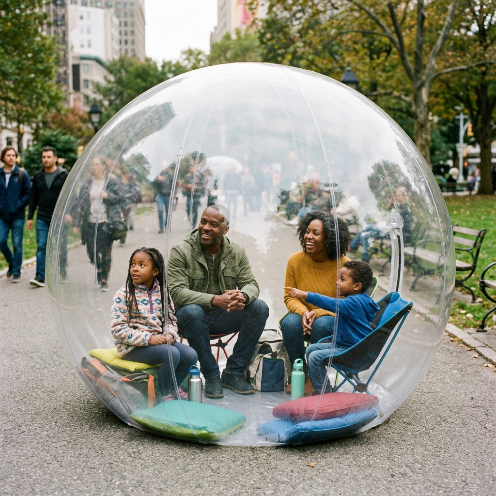 Family sitting inside a large transparent bubble in an urban park
