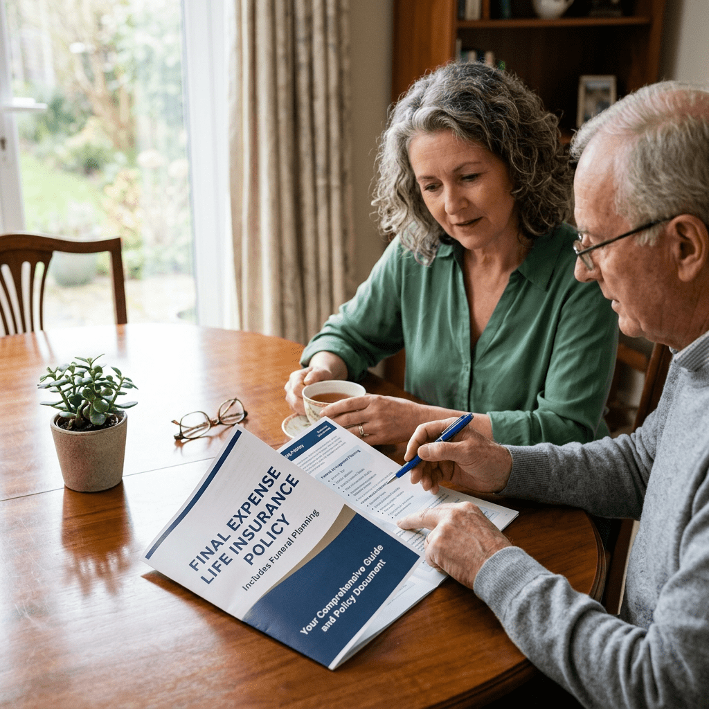 Older man and woman reading a final expense life insurance policy document together