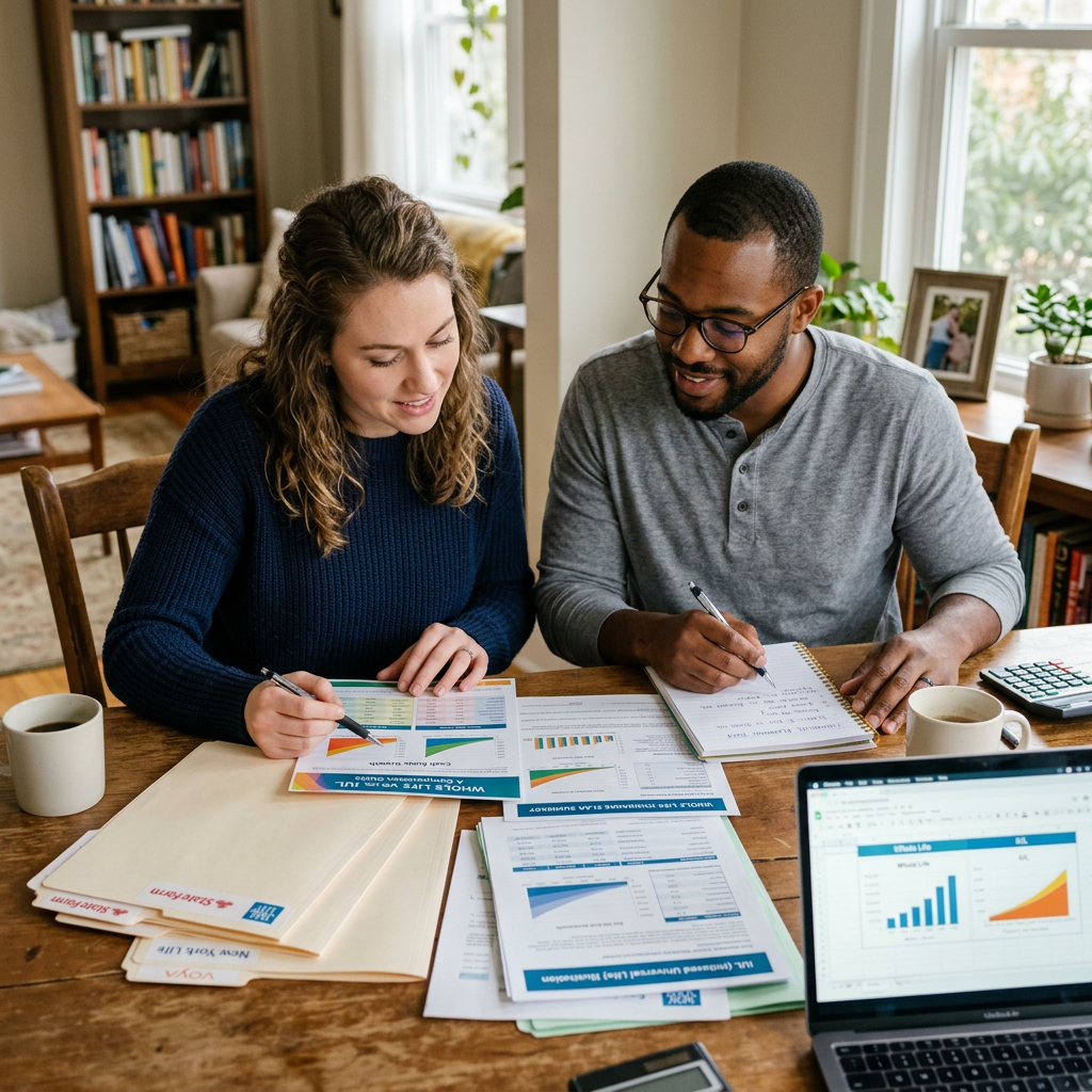 Young couple reviewing whole life and IUL plans