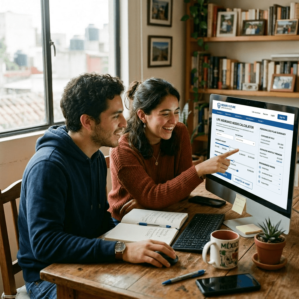 Couple looking at a computer screen showing a travel plan for Oaxaca, Mexico