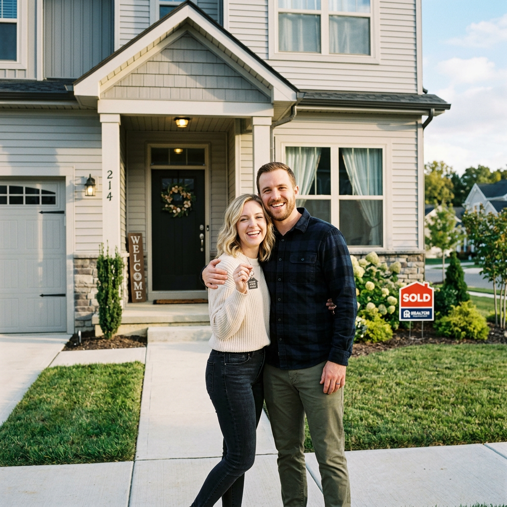 Smiling couple holding keys standing outside new home with sold sign