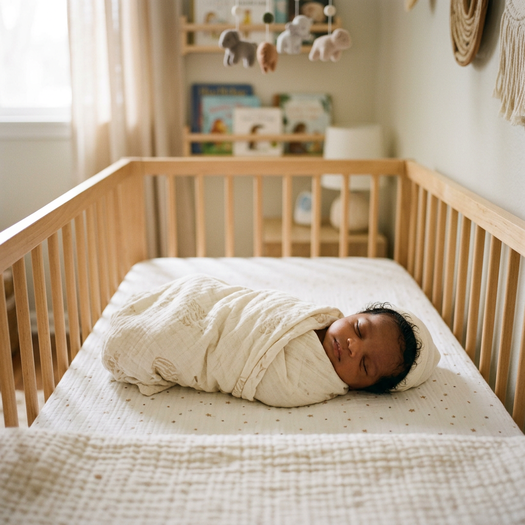 Newborn baby swaddled in white cloth sleeping in wooden crib