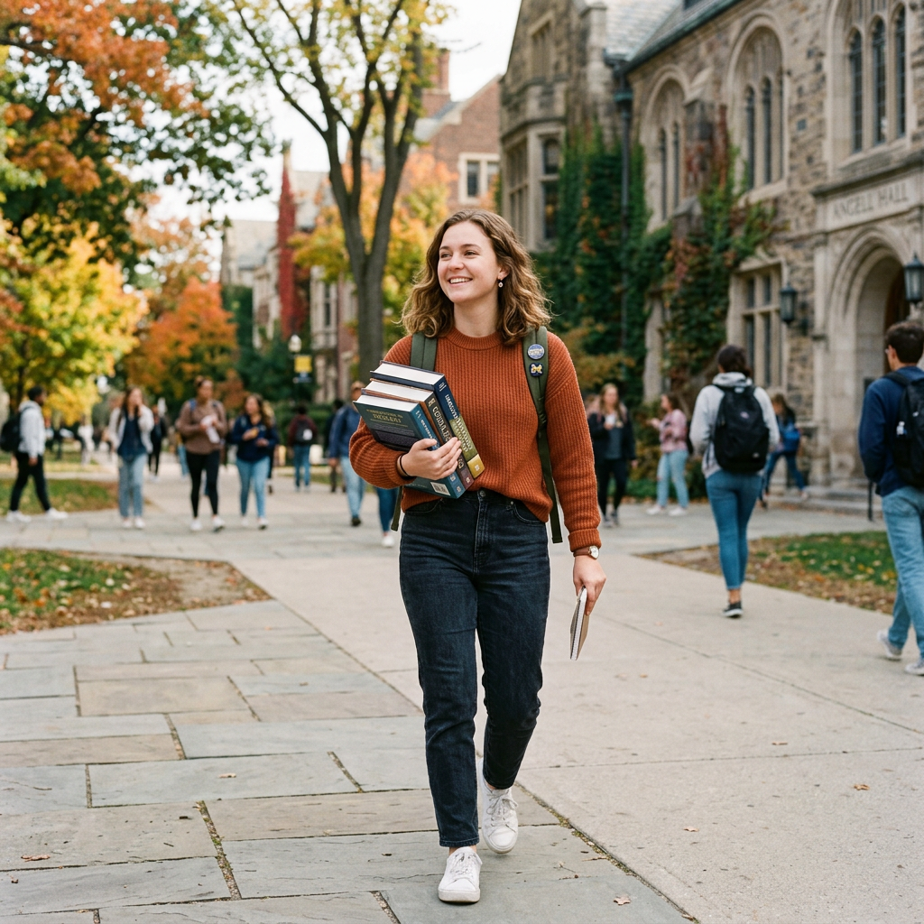 Young student walking outdoors on a college campus carrying textbooks and a notebook