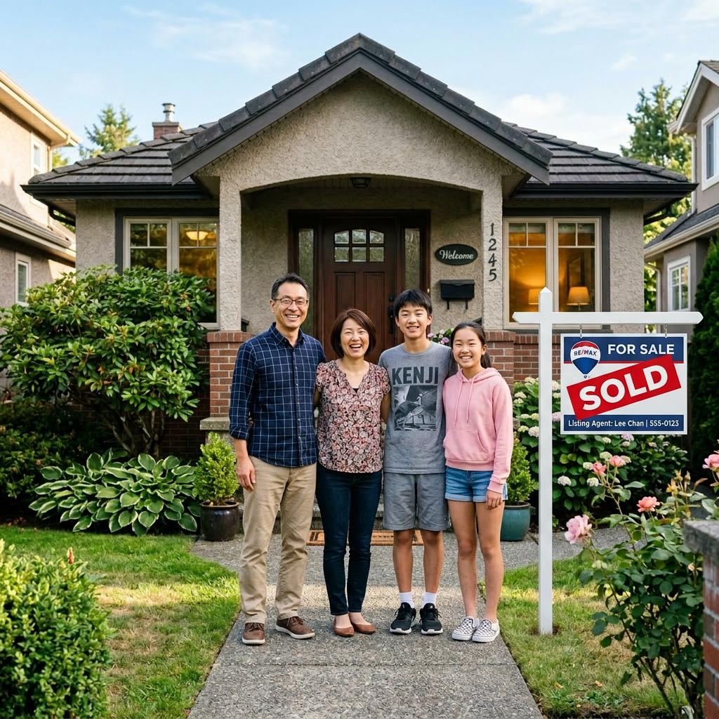 A family of four standing together on a pathway in front of their house