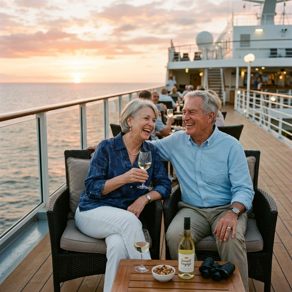 Older couple sitting on a cruise ship deck, drinking white wine and laughing at sunset